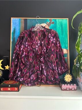 Notations Women’s M Pink Purple Geometric Ruffle Boho Blouse Long Sleeve